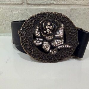 Western Vintage Embelished Black Leather Belt with Rose Buckle 80cm